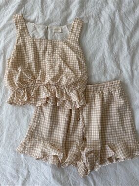 Beige Gingham Ruffle Tank & Shorts Set